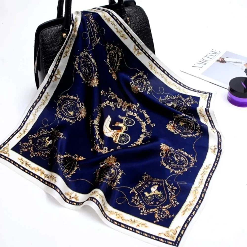 Scarf Headwraps for Women Silk Scarf Navy Satin Print 35 x 35